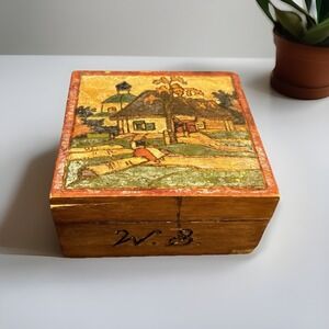 Vintage Russian Wooden Trinket Box Hand Carved And Painted 4" x 4" Signed‎